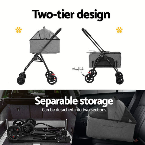 i.Pet Pet Stroller 2-tier Dog Pram Large Cat Carrier Travel Pushchair Foldable