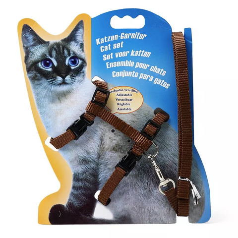 Petwiz Easy Fit Adjustable Cat Harness With Leash - Brown